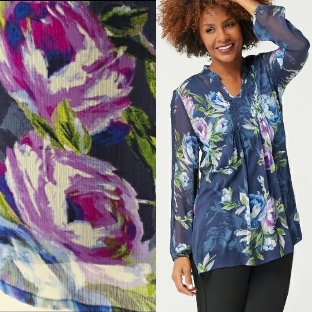 Susan Graver Floral Printed Sheer Chiffon Tunic Set with Lace Trim, Size M